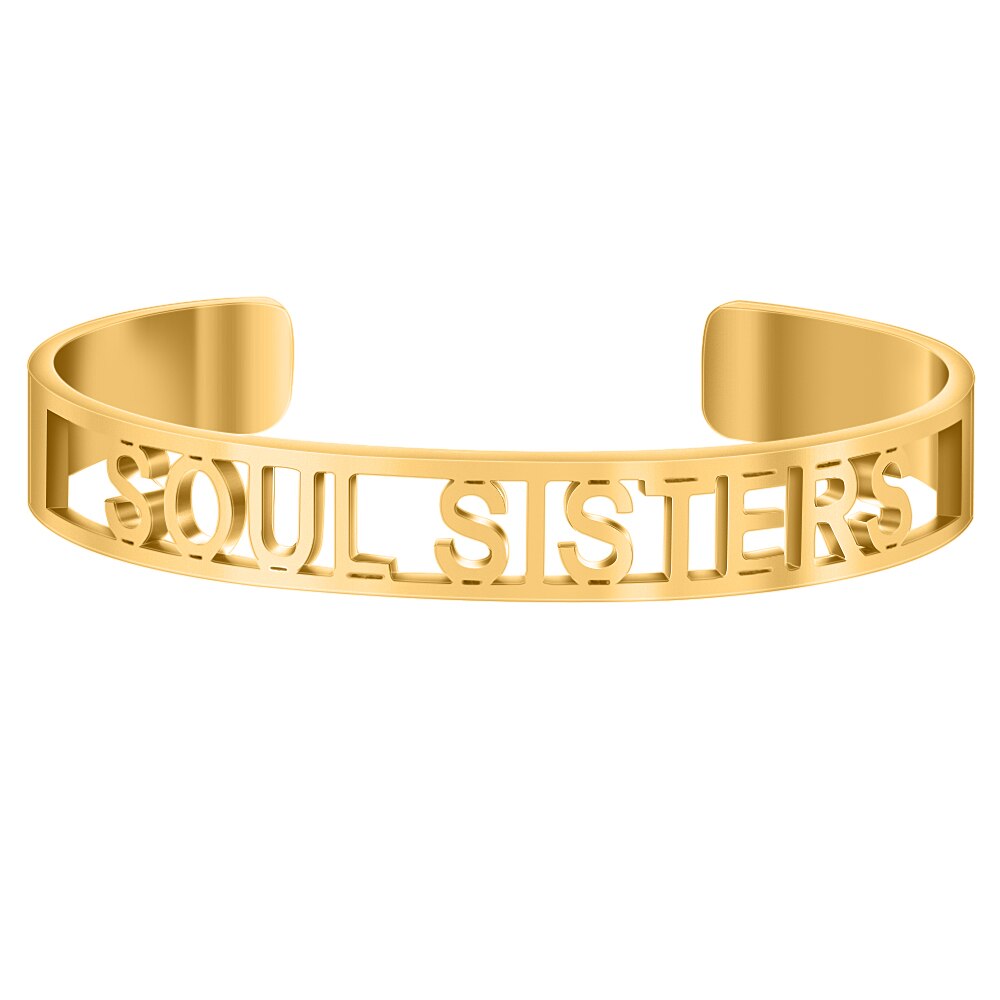 Cor do ouro oco para fora de aço inoxidável palavras inspiradoras positivas mantra mantra mantra pulseira pulseiras para homem presente feminino: SOUL SISITERS