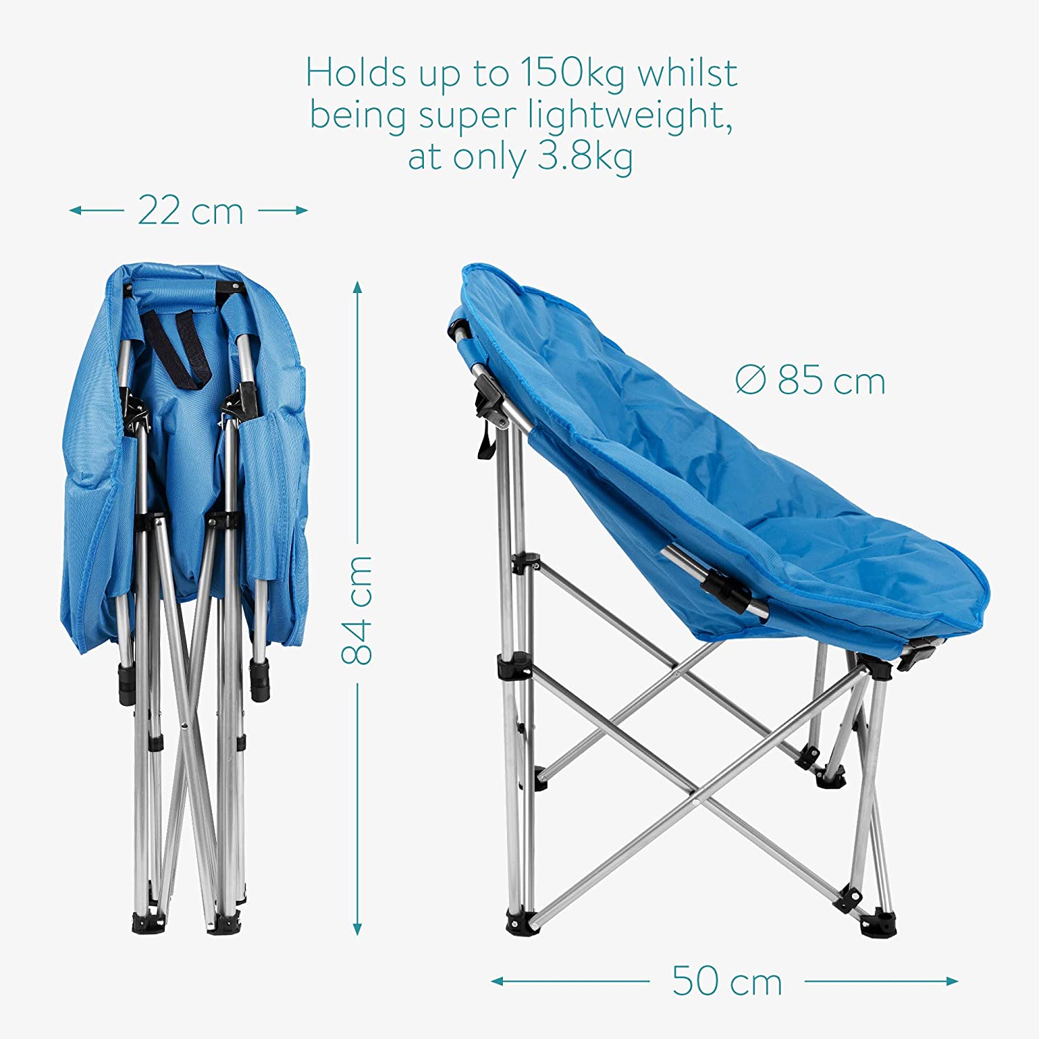 Folding Moon Chair - Foldable Round Padded Seat for Adults or Kids - Perfect for Garden, Camping, Travel, Light Blue