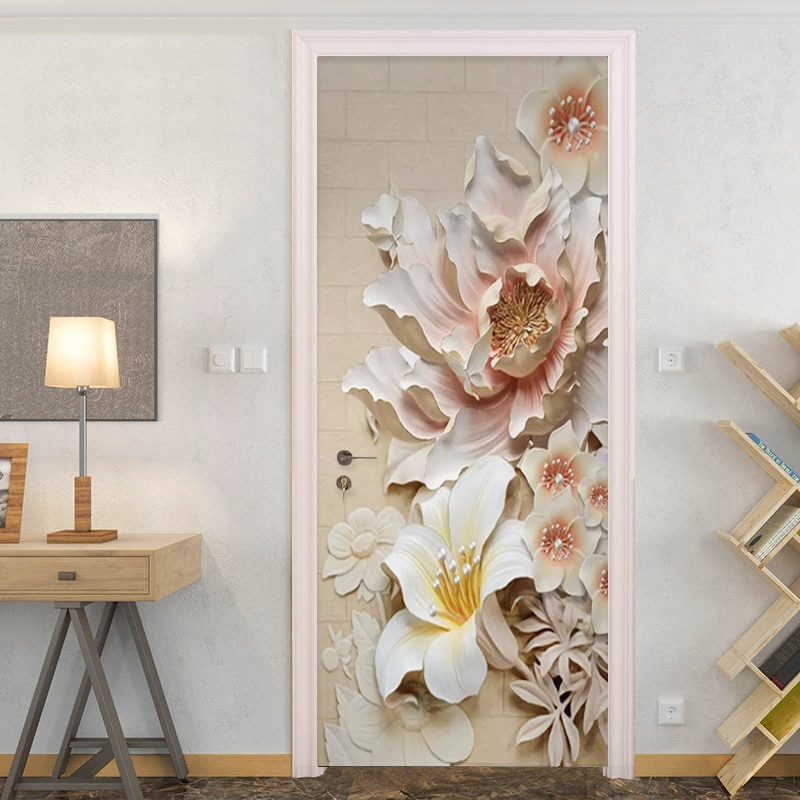 Door Sticker 3D Embossed Flowers Wallpaper PVC Self-Adhesive Living Room Hotel Door Decals Home Decor Vinyl Mural Wall Stickers