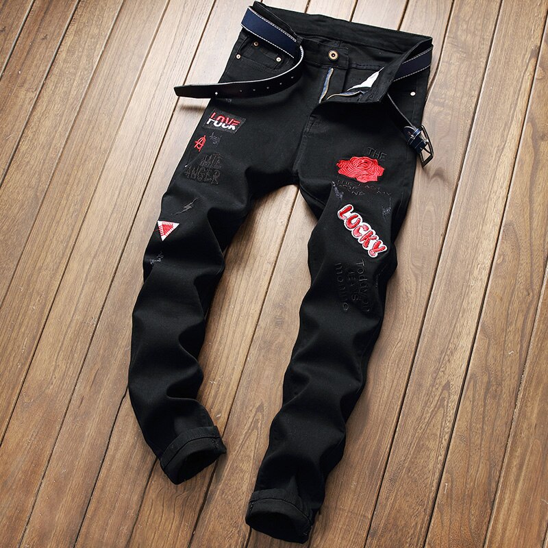 Pantalones vaqueros bordados para hombre, jeans elásticos, negros, dibujos animados, letras, bordados, nuevas tendencias,