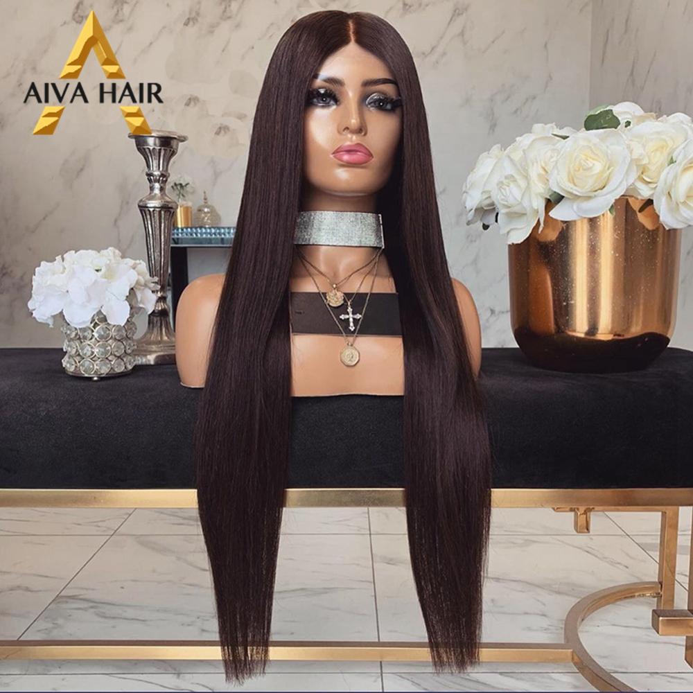 Aiva haar hoge temperatuur vezel synthetische kant voorpruik lijmloze lange middenscheiding cosplay pruik rechte pruiken voor zwarte vrouwen
