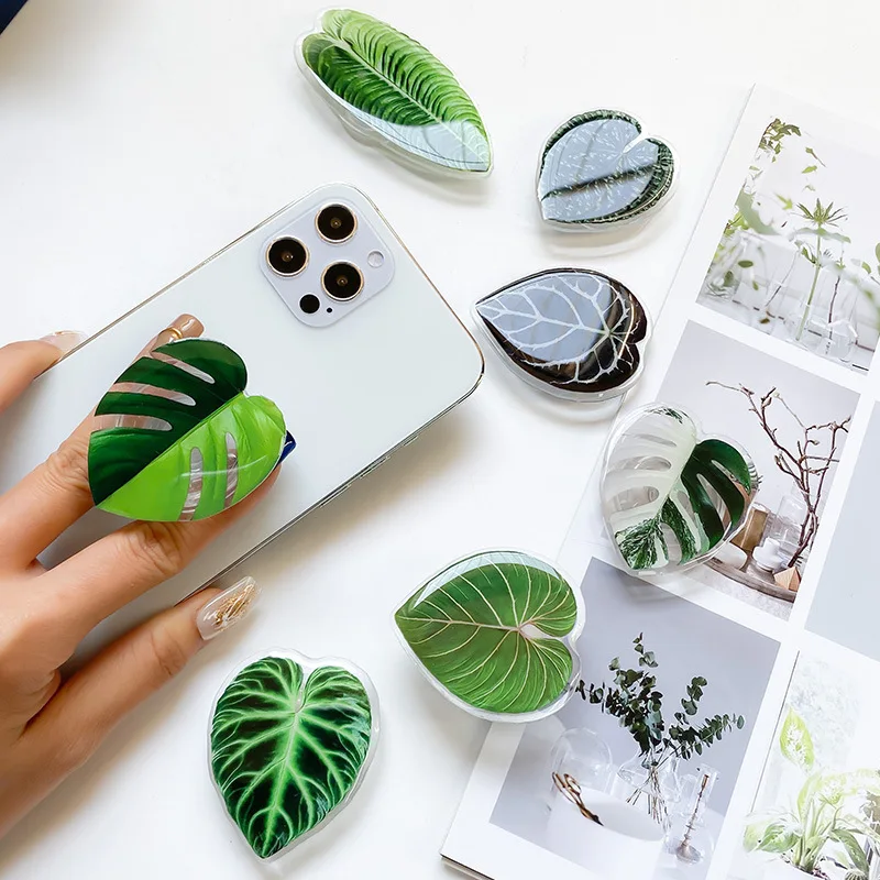 Simulation Leaves Phone Expanding Stand And Grip On Desk CellPhone Holder Finger Ring Support Foldable Phone Holder Plant