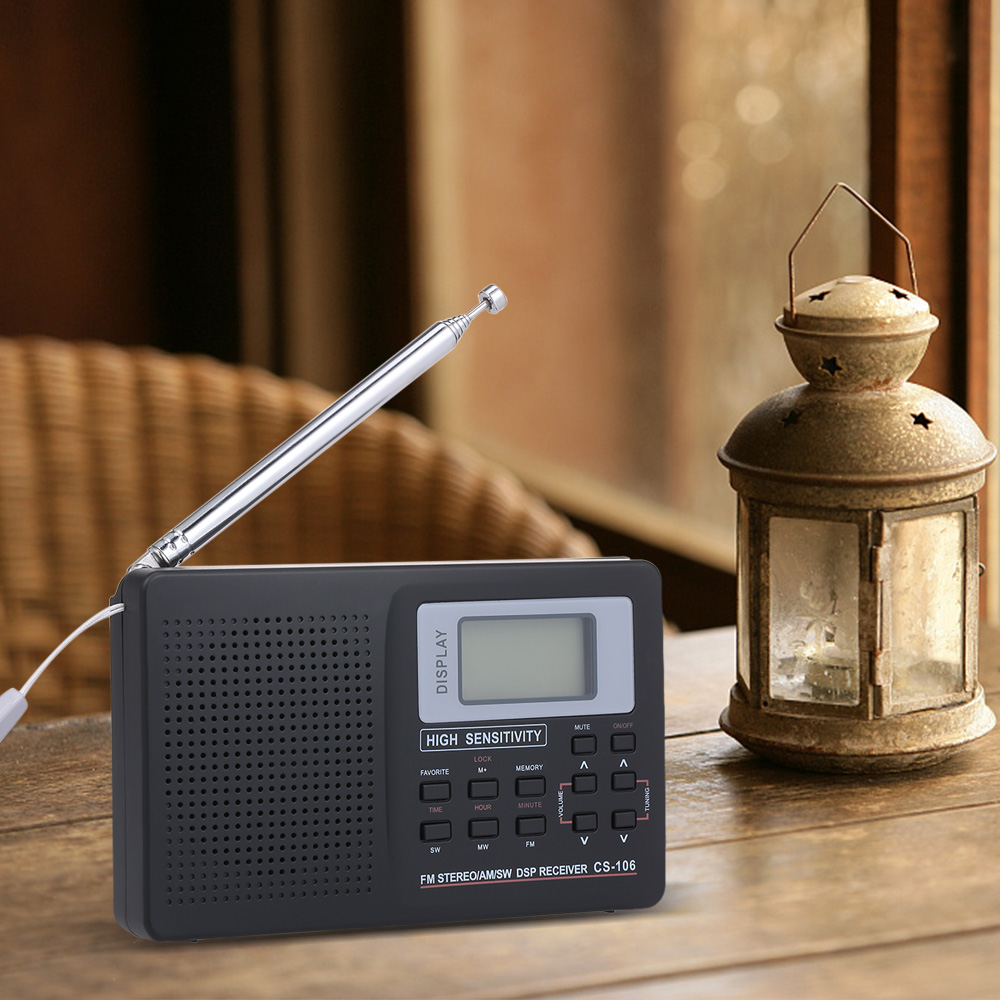 Portable radio FM AM SW Radio Multiband Digital Stereo Radio Receiver Earphone Time Display External Antenna with Alarm Clock