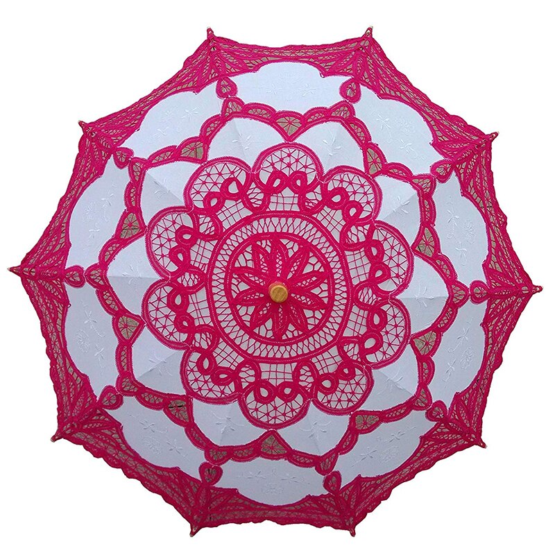 Kant Bruids Paraplu Parasol Zwart Rood Wit Katoen Zonnescherm Voor Bruid Houten Handvat Bruiloft Decoratie Paraplu