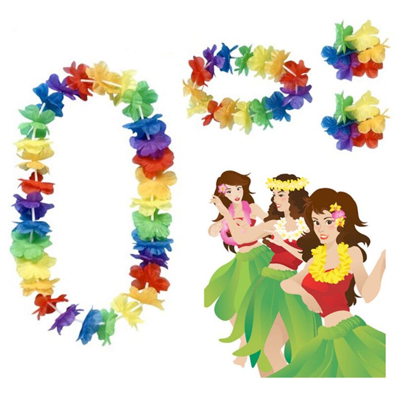 Set van 4 bloemenkransen, kettingen, hoofdbanden, armbanden, polsbanden, hawaiiaanse hulakransen, strand, zwembad, dansfeest, verkleedkleren