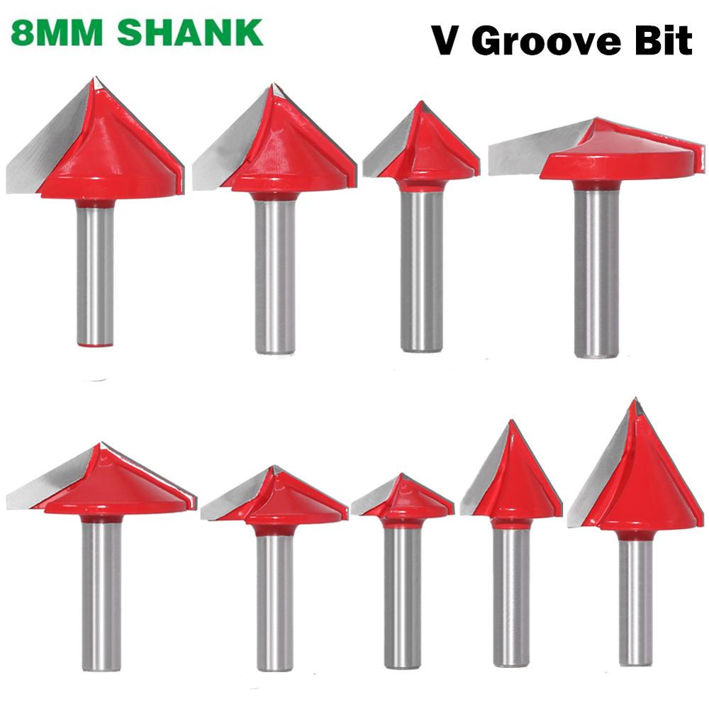 1 pieza de 8mm mango 60 90 120 150 grados V ranura de madera Router bit carburo sólido fresadora de extremo de carpintería herramientas