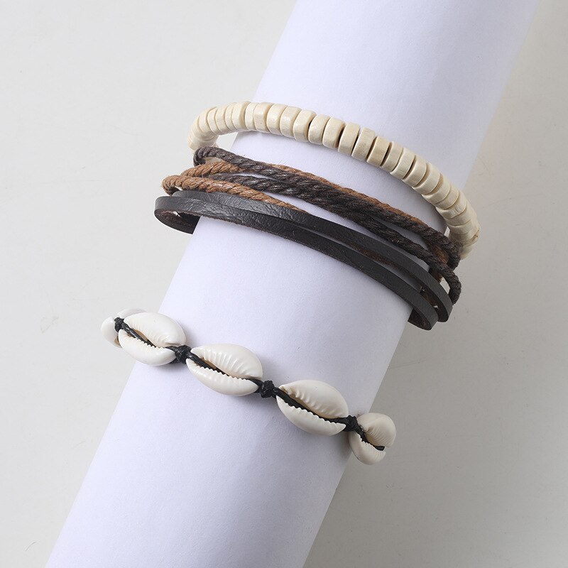 2 Stuks Sea Shell Charm Gevlochten Multilayer Lederen Armbanden Set Handgemaakte Houten Kralen Wrap Armbanden Voor Mannen Jongens