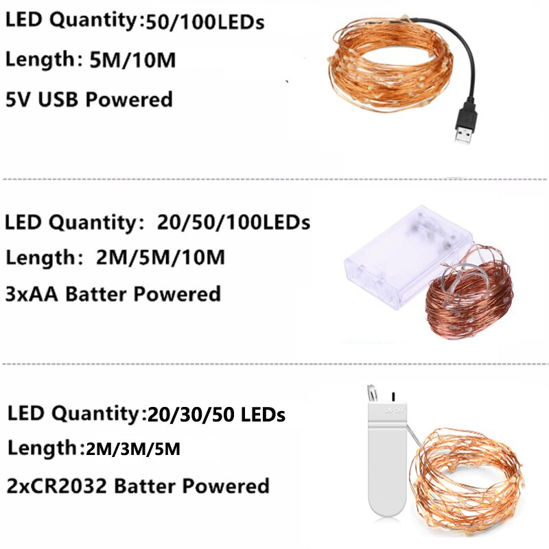 2M 3M 5M 10M Led Verlichting Ketting Koperdraad Usb Of Batterij Aangedreven Led String Licht fairy Licht Voor Kerstverlichting Wedding Party