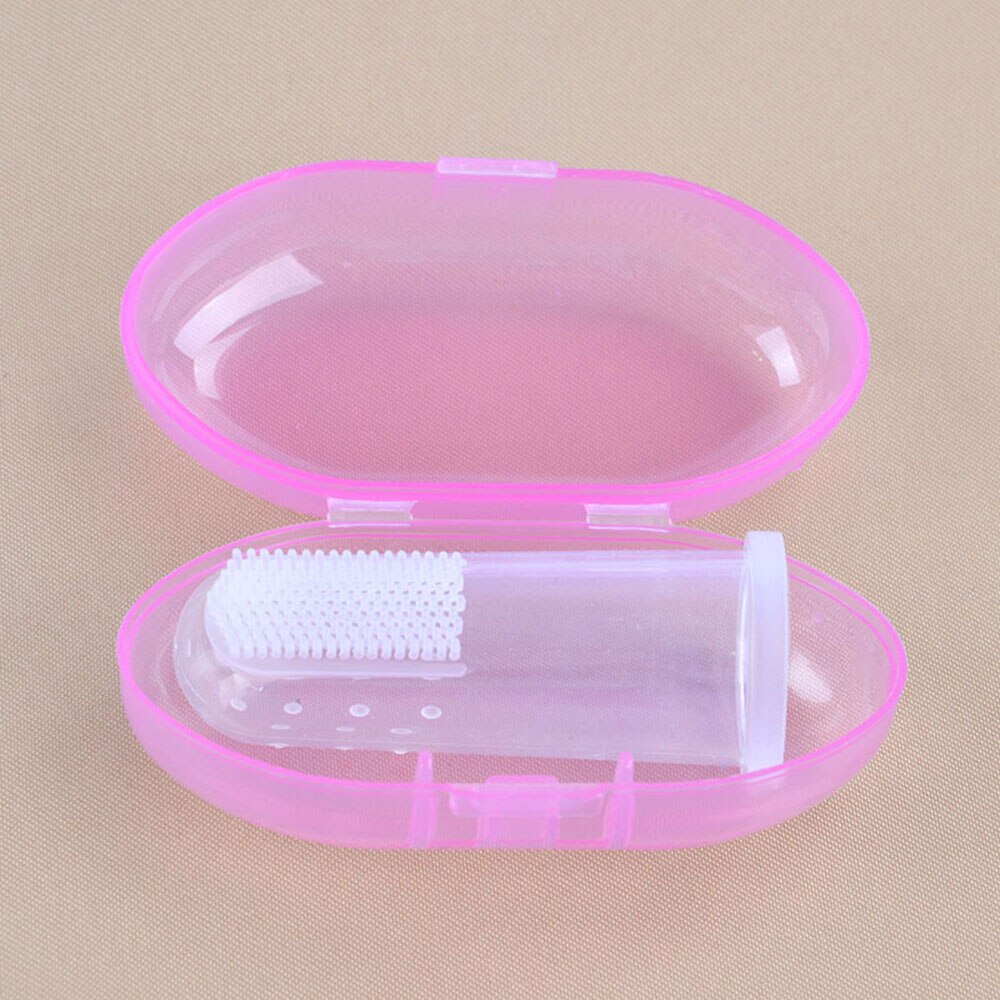 Nova Transparente De Silicone Bebê Dedo Escova De Dentes Oral Massageador + PP De Armazenamento Caso: Rosa