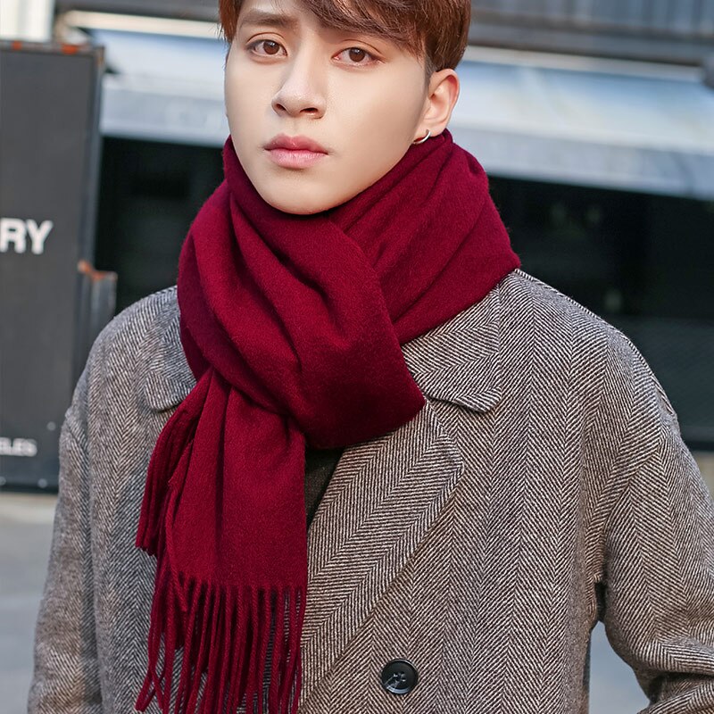 100% Wool Scarf Men Purple Echarpe Luxury Brand Bufanda Hombre Winter Cashmere Scarf Male Warm Solid Pashmina Shawls: Wine Red