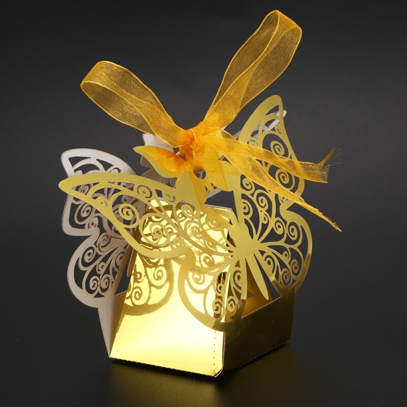 50 Stuks Vlinder Bruiloft Gunst Doos Snoep Box Geschenkdoos Bruiloft Gunsten Event Party Benodigdheden Bruiloft Decoratie (Golden)