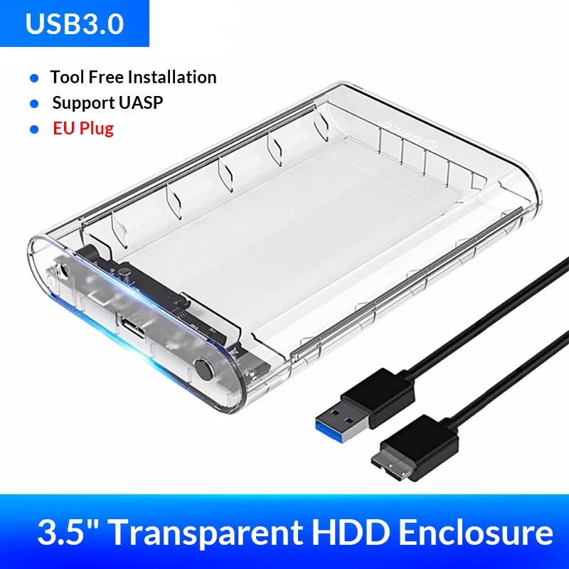 ORICO 3.5 Inch SATA to USB 3.0 Type C Transparent HDD Case SSD Adapter Hard Disk Drive Box USB3.0 External Storage HDD Enclosure: Silver