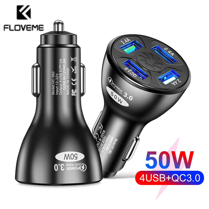 Floveme 4 -port-usb-autoladegerät mit 50w schnelllade- und 10a mini-schnellladeanschlüssen für iphone 11 , xiaomi, huawei und samsung mobiltelefone im auto