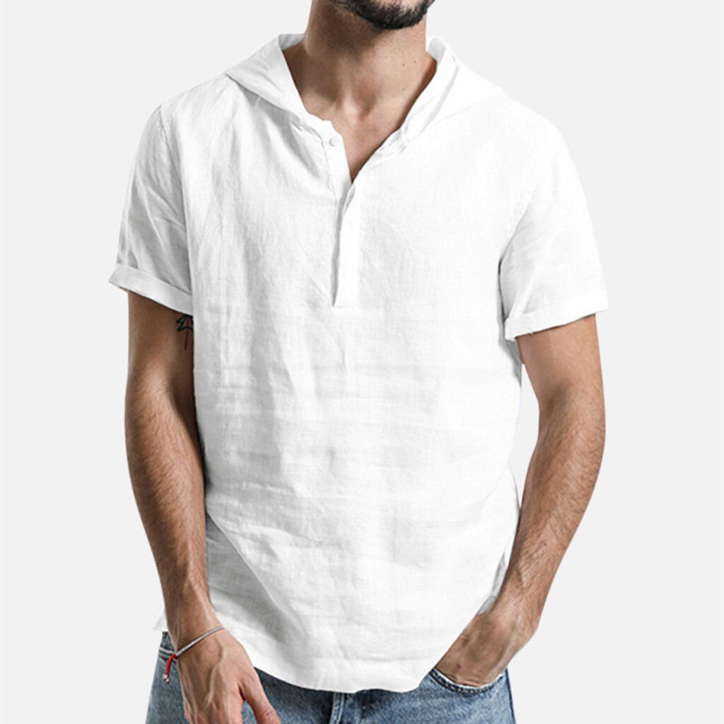 Sommer kortærmede skjorter herre 100%  hør khaki slim fit plus size toppe hættetrøje hvid khaki blå
