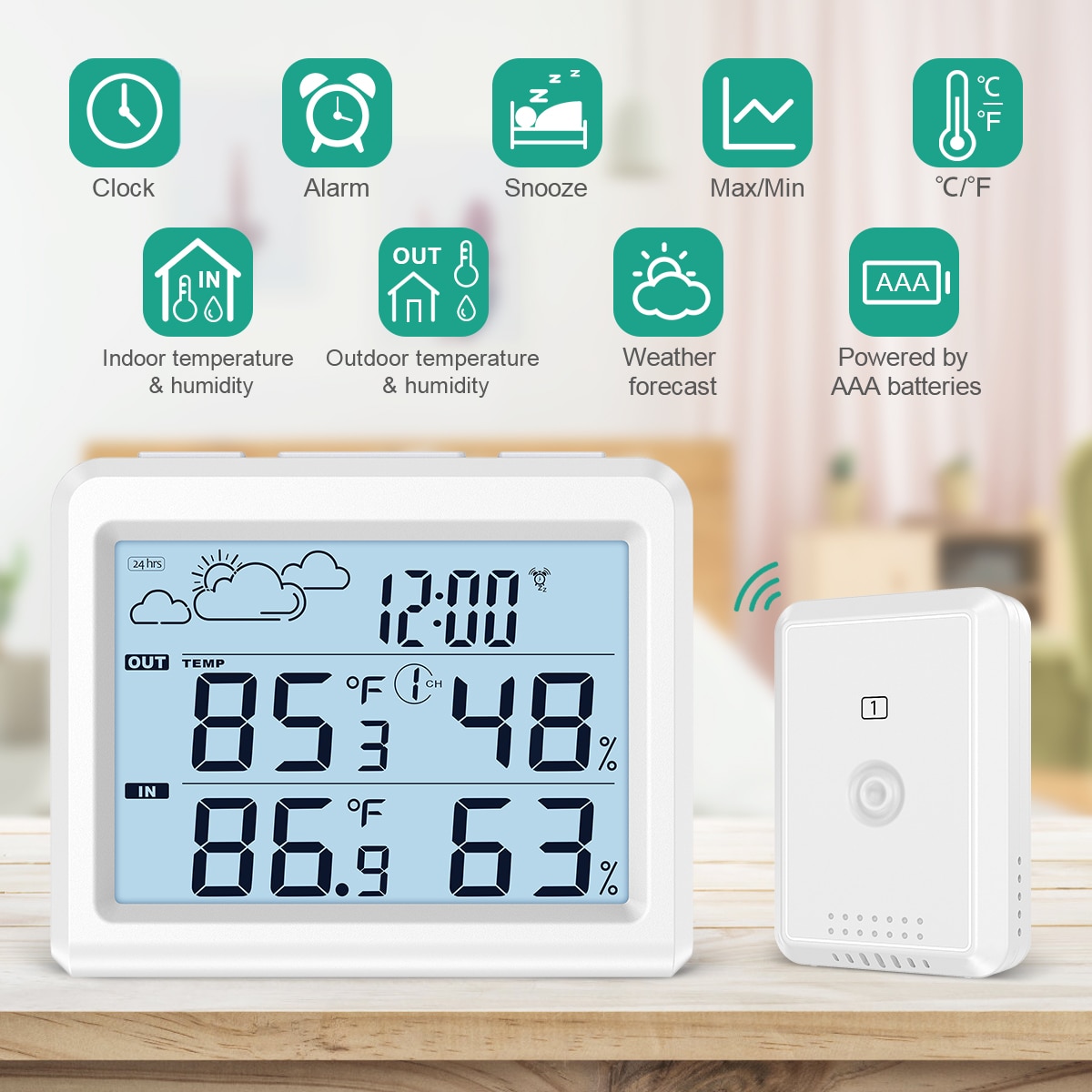 Digital Indoor Outdoor Thermometer Weather Forecaster Station Wireless Temperature Humidity Monitor Backlight Time Alarm Clock