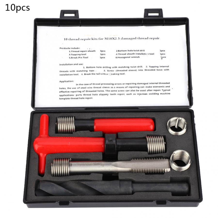 10Pcs M18x2.5 Car Thread Repair Kit Thread Inserts Female Thread Repairing Accessory Assortment Kit Inserts Drill Tap Set