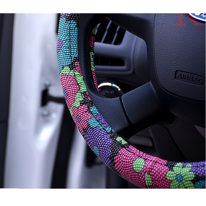 Housse de volant de voiture | Imprimé de fleurs à la , mignon housse de volant de voiture, housse de guidon en cuir pour l'intérieur de la voiture, accessoires antidérapants