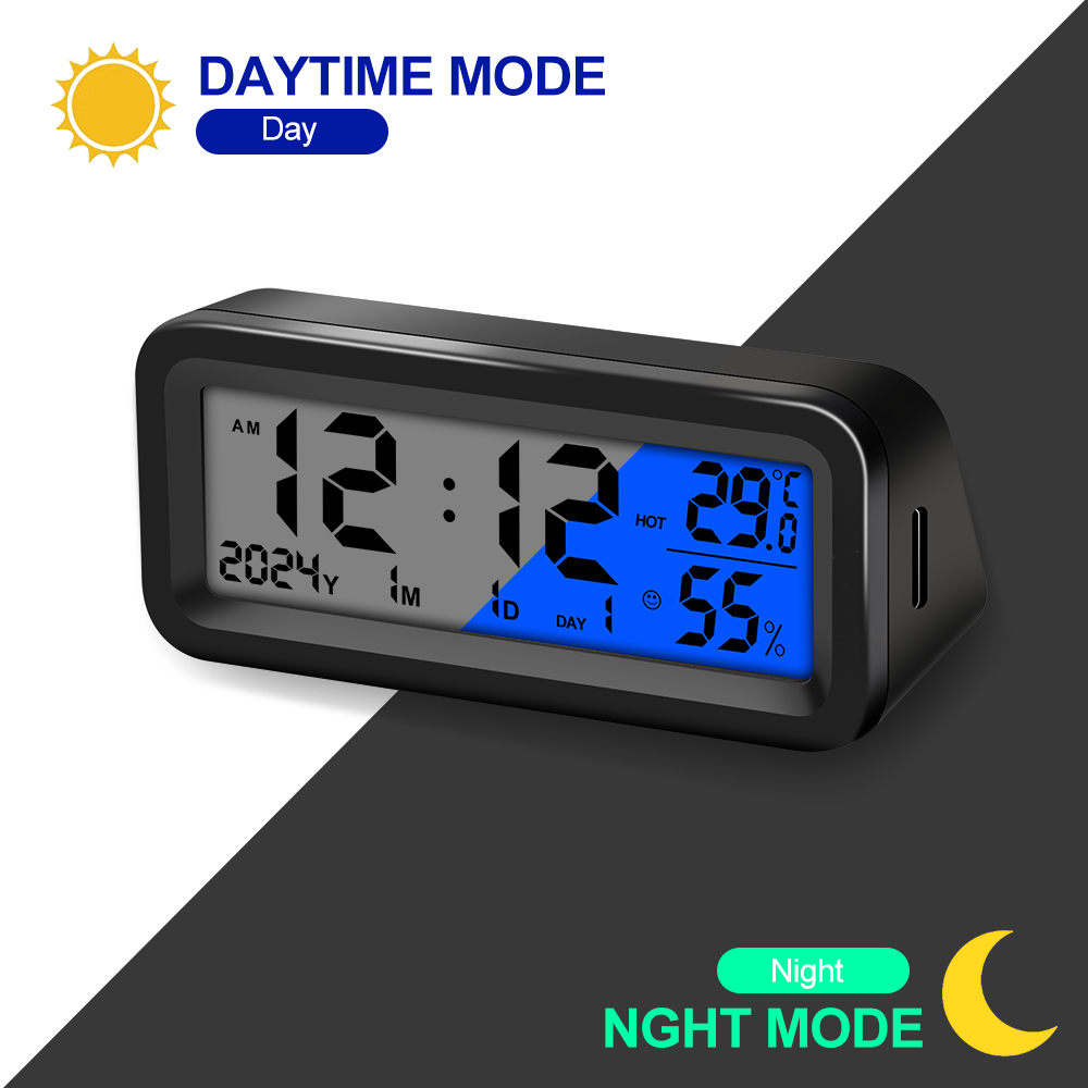Digitale zonne-auto klok Datum Week Temperatuur Vochtigheid LCD-achtergrondverlichting Display voor dashboard Autoklok Auto's Intern Stick-On