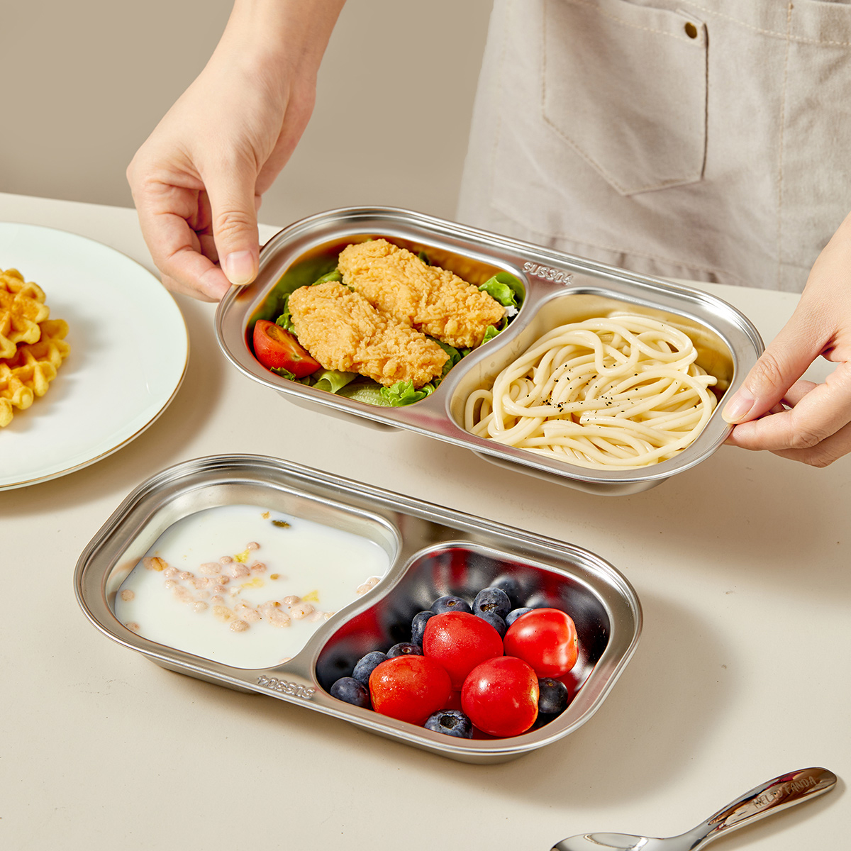 WORTHBUY Stackable 304 Stainless Steel Dinner Plate Kid Divided Dining Plate Cute Snack Tray With Compartments Kitchen Tableware