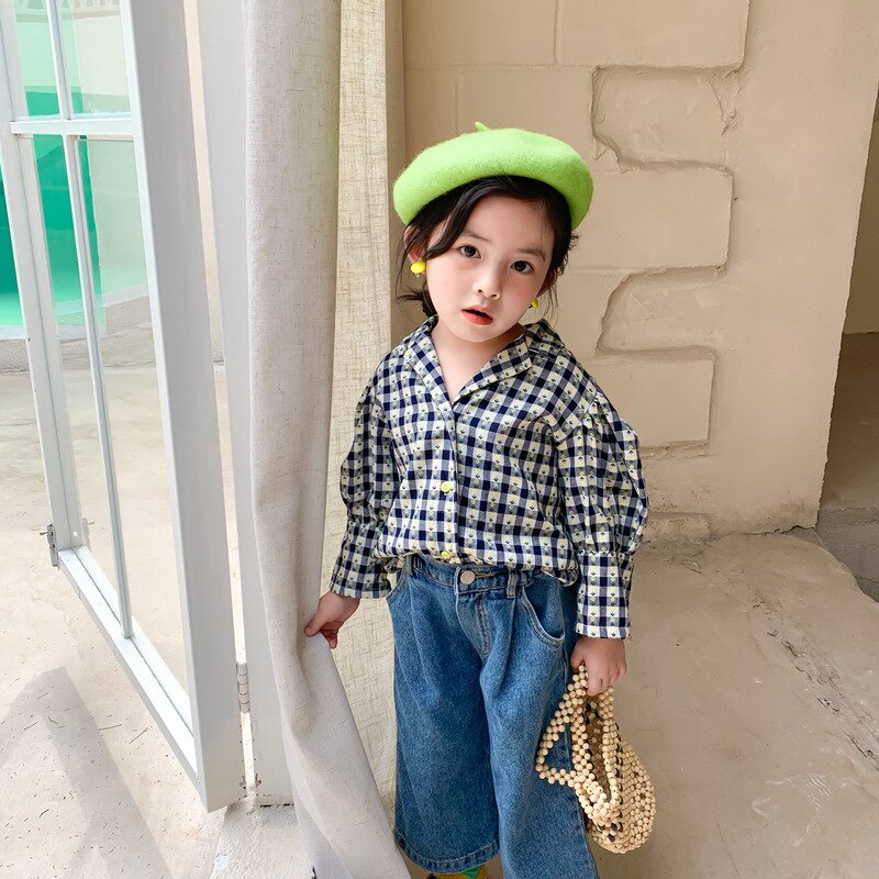 Efterår piger plaid bluser børn bomuld bluser: Sort / 2t