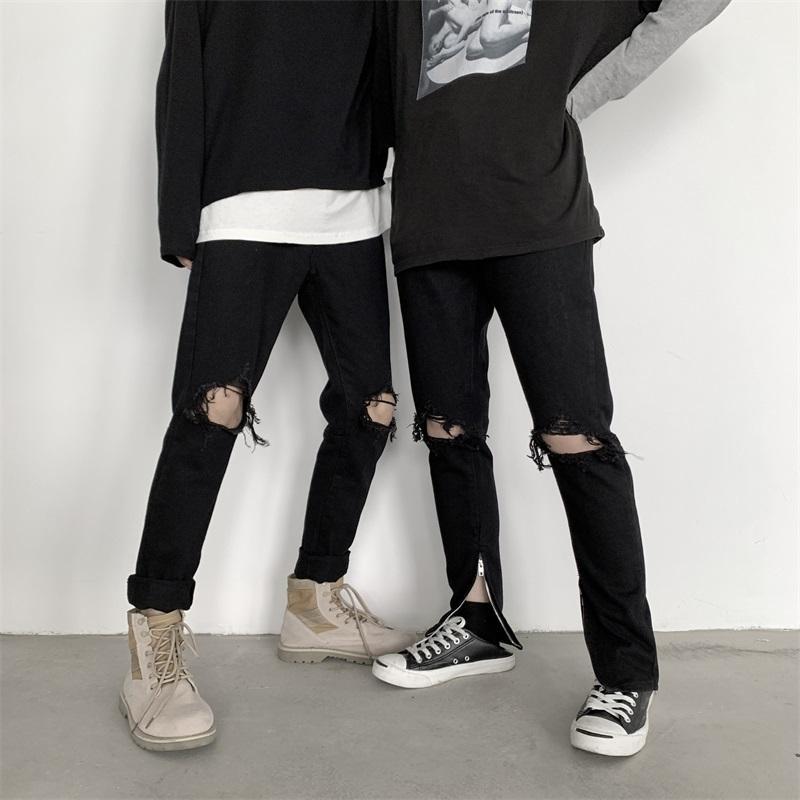 Pantalones vaqueros BANNAJI de estilo Punk para hombre, pantalones vaqueros góticos ajustados con agujero en la rodilla y cremallera en el tobillo rasgados negros para hombre
