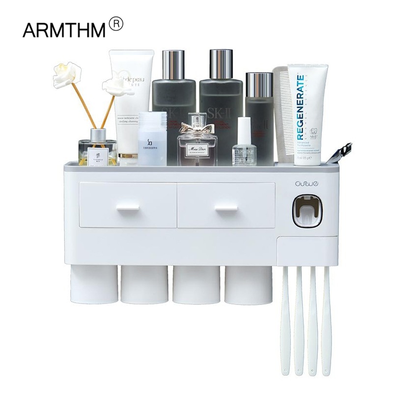 Toothbrush Holder Wall Mount Magnetic Adsorption Inverted Toothpaste Dispenser Makeup Storage Rack For Bathroom Accessories Set