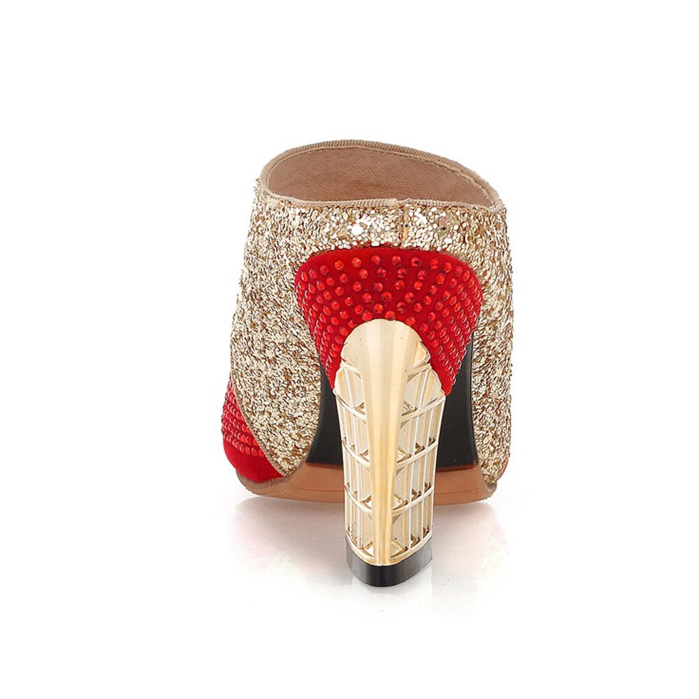 Meotina damesko sommertøffel glitter pigg høye hæler sko sexy krystall peep toe slides dame sandaler rød stor størrelse 34-43
