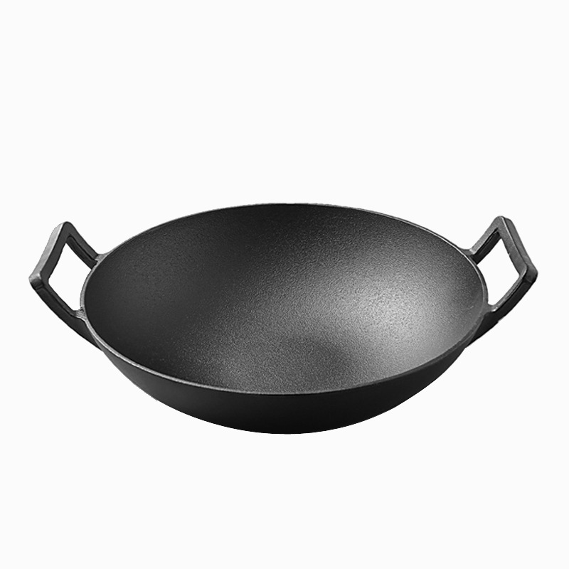 Old-style binaural cast iron wok pig iron pot thickened non-stick pan uncoated 36cm round bottom wok: Default Title