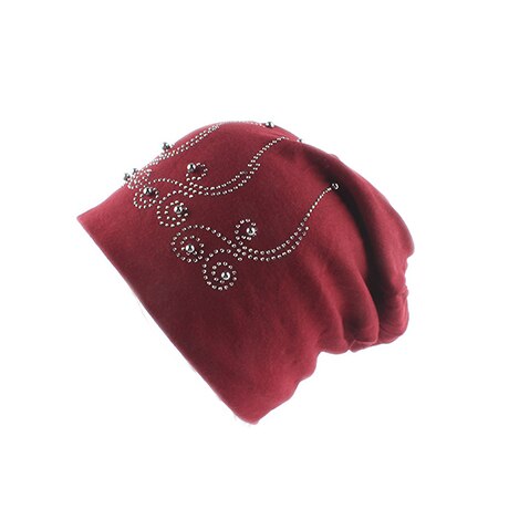 Parel wintermuts dames effen kleur strass skullies mutsen dames herfst mutsen zachte warme katoenen mutsen dames: Bordeauxrood