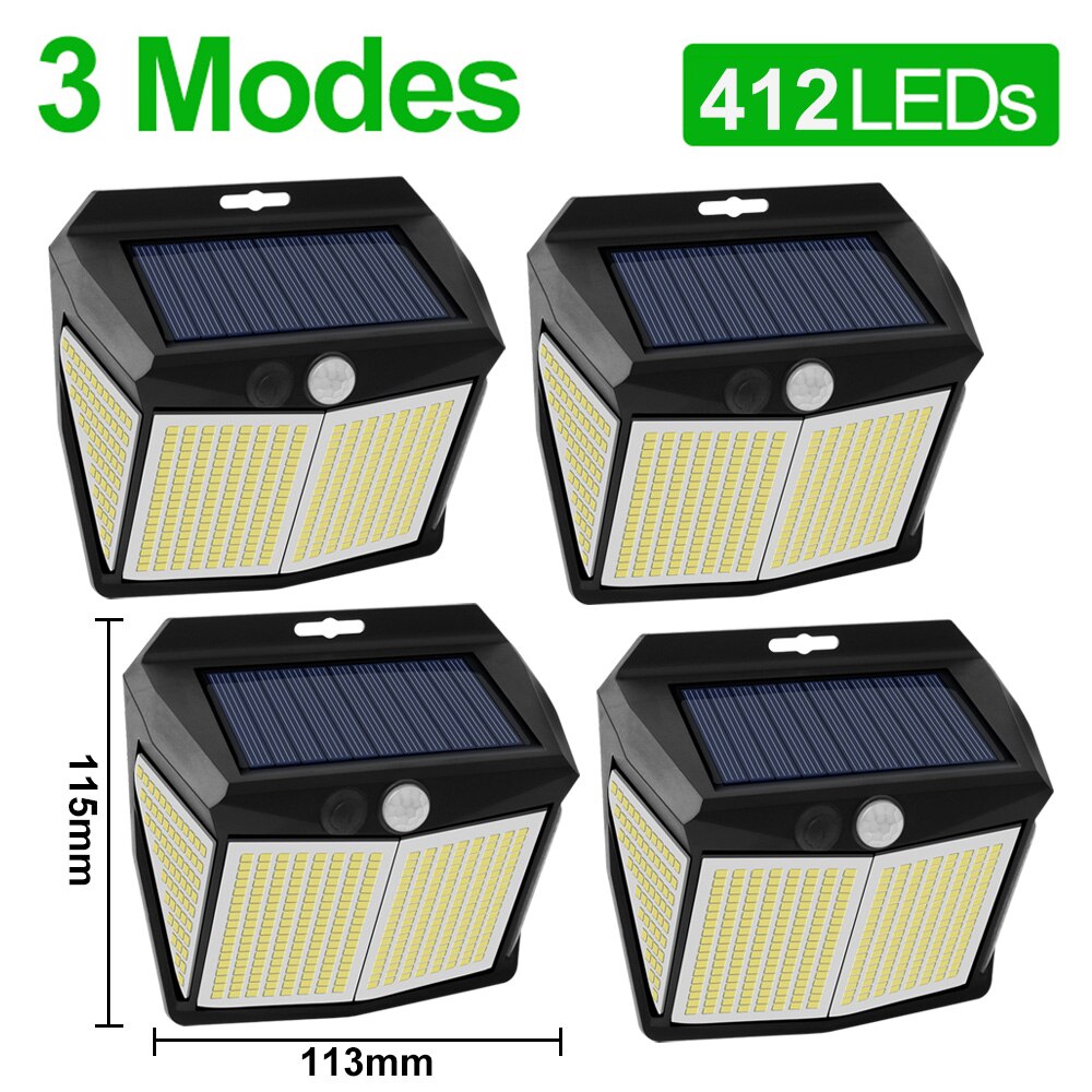 Outdoor Solar Light 412 LED Motion Sensor Lights Waterproof Sunlight Powered 3 Mode Street Wall Lamp for Garden Patio Decoration: 412 LED-4 Pieces