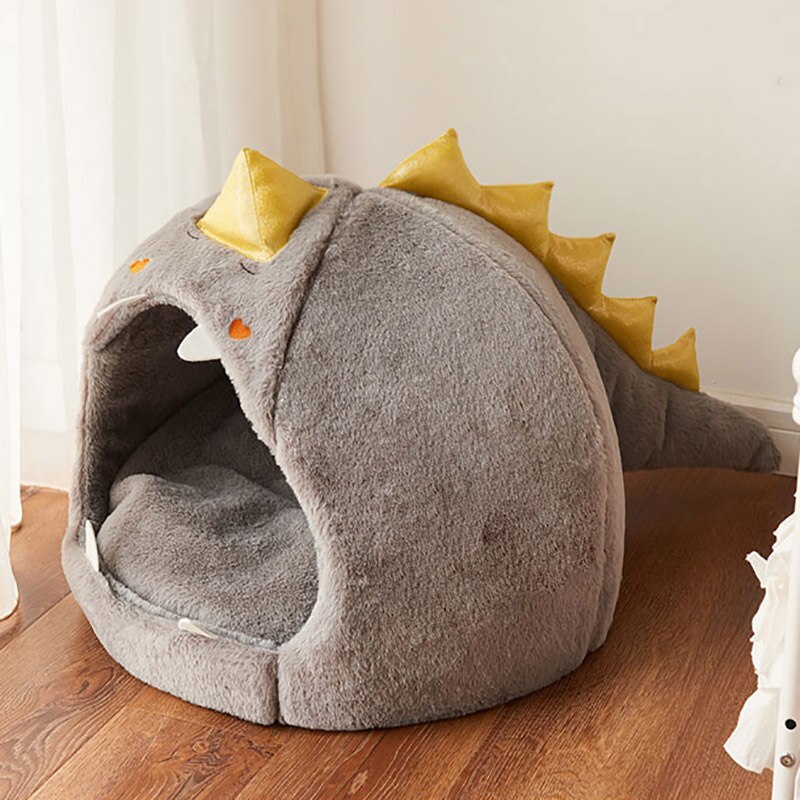 Comfy Pet Sleeping House For Small Dog Dinosaur Shape Soft Round Pet Cat Bed Cushion Detachable Washable Kitty Puppy Accessories: Gray / S For Pet Within 2kg