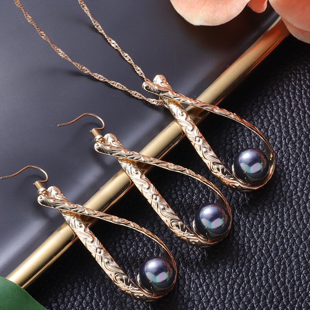 Cring Coco Hawaiian Jewelry Sets Polynesia Earrings Chocolate Color Pearl Water Pendent Necklace Set for Women Mom: ZH0726GOBL