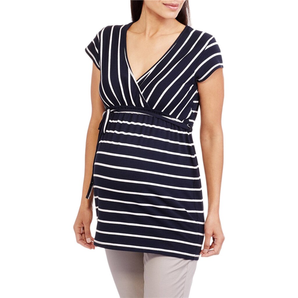 Vêtements de maternité pour femmes | Imprimé à rayures, col en V, Top, Tee-Shirt à manches courtes, chemise de grossesse, vêtements hauts, femme enceinte @ 30