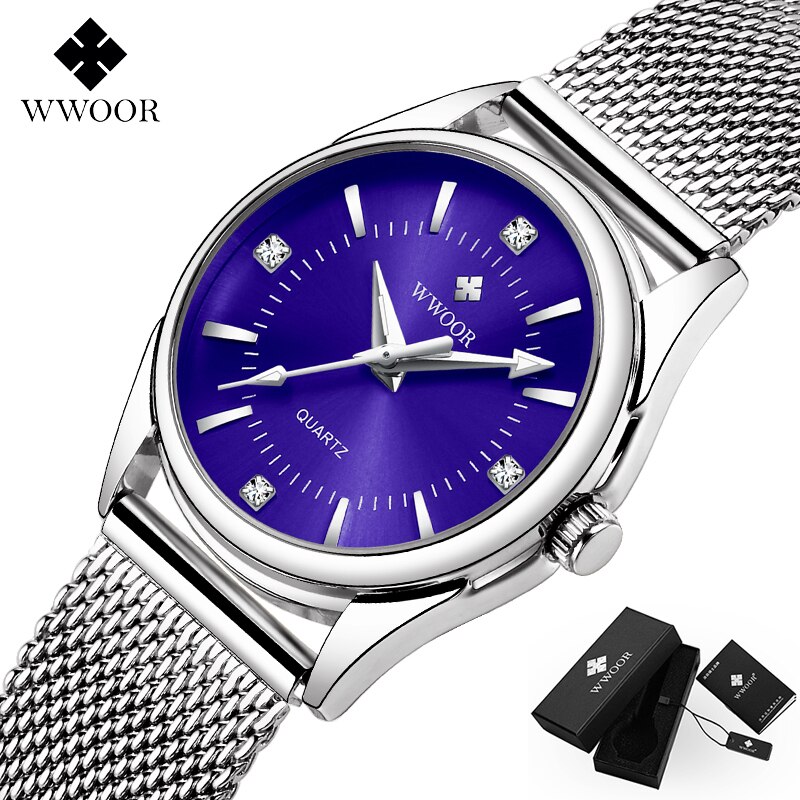 Woor luksus mærke kjole guldur dame diamant små quartz armbåndsure til kvinder stål mesh ur zegarek damski: Blå