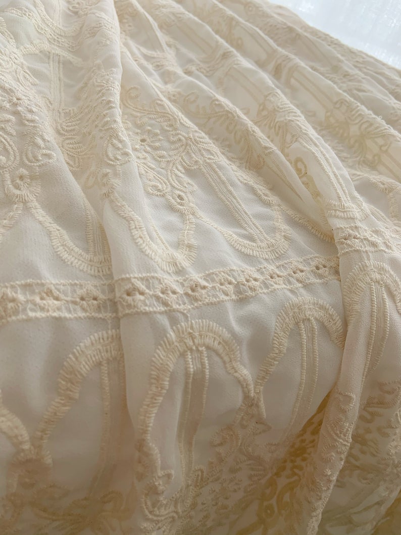 1 yard embroidered chiffon lace fabric, chiffon fabric with beige embroidery