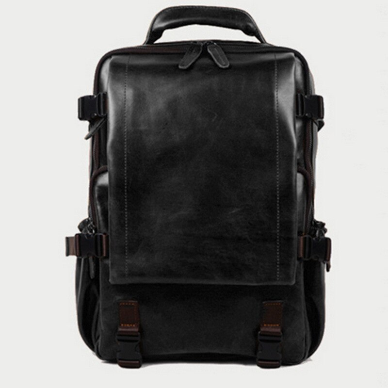 retro pu shoulder bag personality large capacity schoolbag men trend solid color business backpack: black
