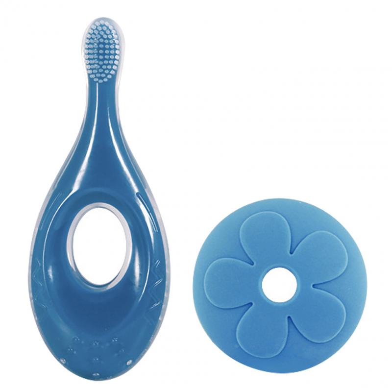 Baby Toothbrush Toddler Infant Soft Silicone With Baffle Gum Care Short Handle Toothbrush Baby Care Sppulies: Sapphire Blue