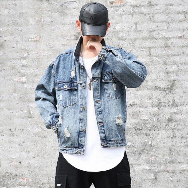 street broken cloth denim jacket retro wash water hole skull English print denim jacket jacket