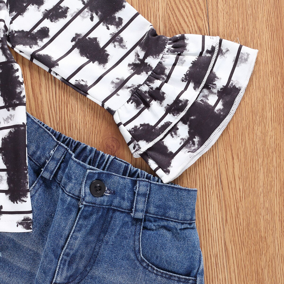 Spädbarn barn baby flicka halloween kläder set långärmade byxor kostym rand blommande tie dye t-shirt elastiska slitna jeans