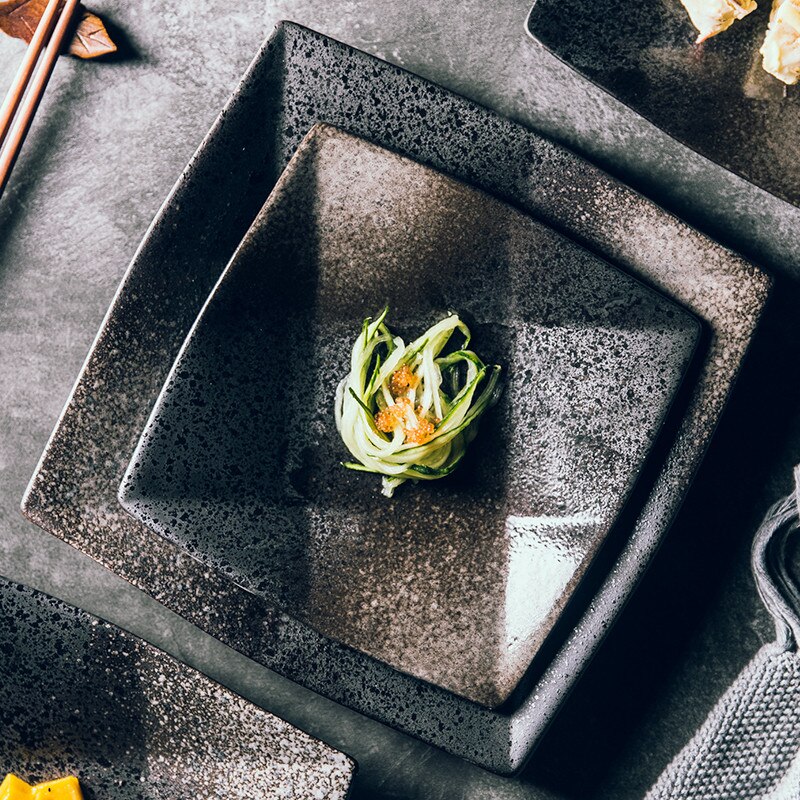 Minimalist Japanese Style Square Black Dish Dessert Plate Ceramic Steak Sushi Plate Restaurant Hotel Home Kitchen Tableware