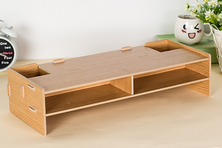 Assembled Computer Monitor Rack 3 Layers Wood Office Table Organizer for Pen/Keyboard/Stationery Laptop Tray 48*20*11.5cm: Log