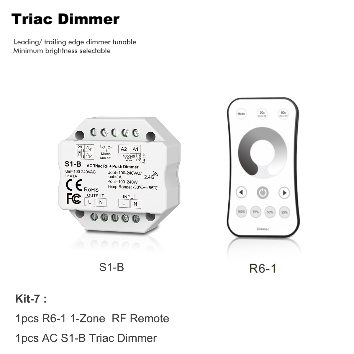 Interruptor de atenuación inalámbrico LED Triac de AC110V-220V, control remoto de atenuación táctil de 4 zonas para LED de un solo Color, 2,4G, S1-B: Kit-7