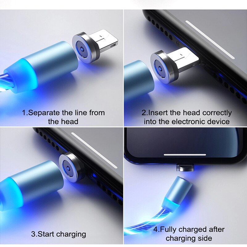 3 IN1 LED cavo di ricarica magnetico IOS/type-c/Micro USB a luce incandescente Samsung S8 S9 Plus A50 per Android per Huawei P30 LG