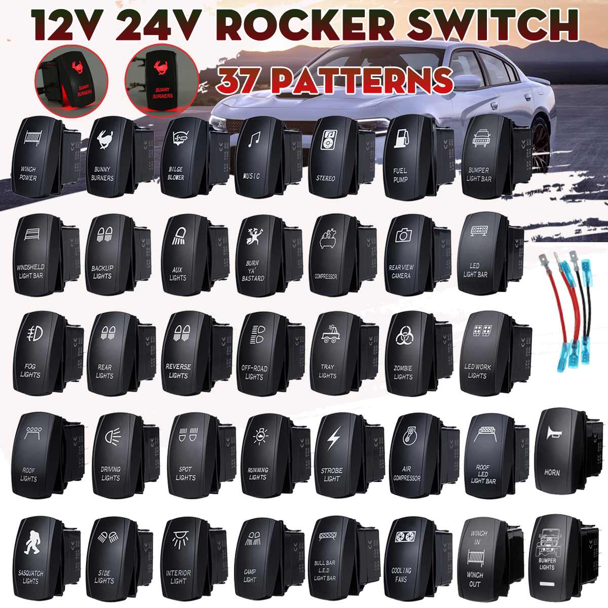 1pcs Universal 12V 24V Rocker Switch ON-OFF Dual Red LED Light Waterproof For Car Boat Bus RV
