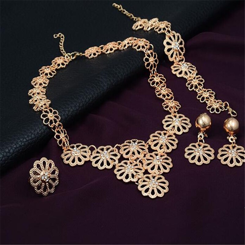 Dubai Gold Jewelry Sets for Women Bridal Jewelry Flower Chocker Necklace Earrings Wedding Bridesmaid Jewelry Sets