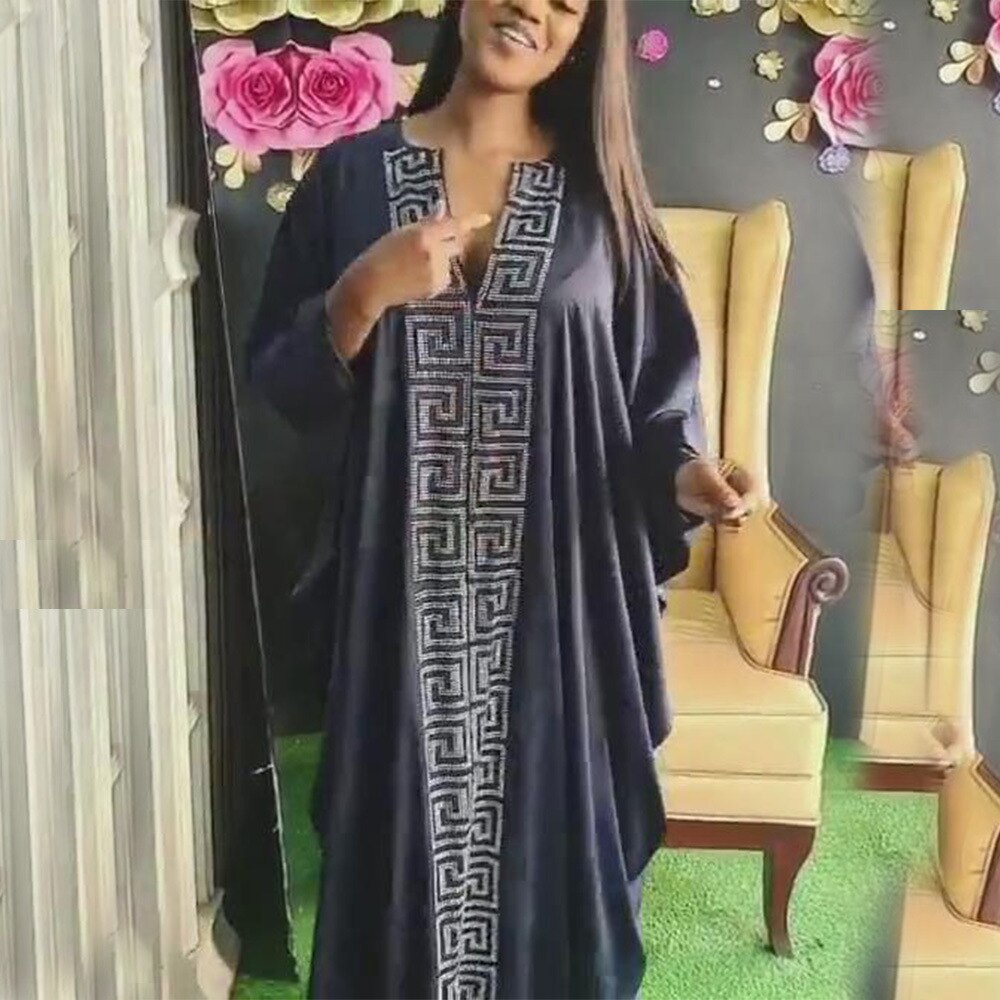 Robe Dashiki en soie à perles, à bandes, Hijab Maxi, africain, Bazin, à manches longues, Vintage, Sexy, Robe de soirée africaine: NAVY / LOOSE STYLE