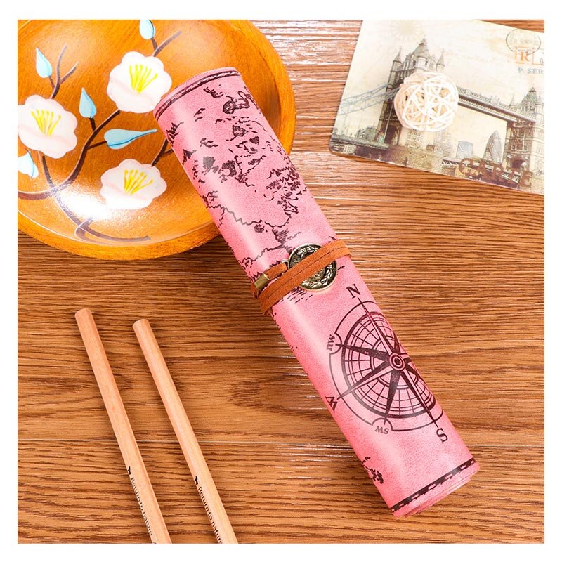 Saco de lápis de couro de rolo do vintage mapa do tesouro grandes casos de lápis estudante caneta saco de armazenamento escola esboço colorido lápis volume: A2