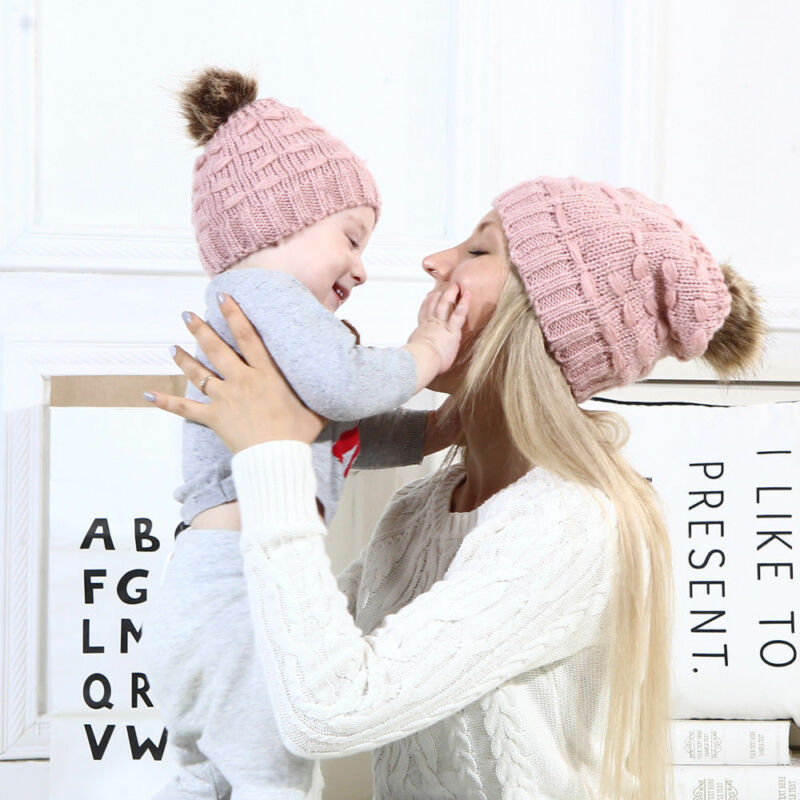 Cute Kids Girls Hats Mother Daughter Warm Knitted Hat Family Matching Children Hats And Caps Winter Newborn Baby Hat Beanie Caps