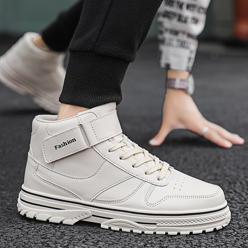 Winter Men's Leather High Cut Casual Shoes White Beige Ankle Boots Man