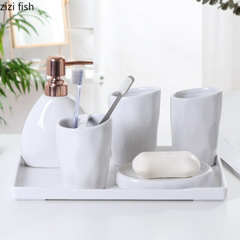 White Ceramic Bathroom Set Press Emulsion Dispenser Container Toothbrush Holder Soap Bathroom Set Bathroom Decoration
